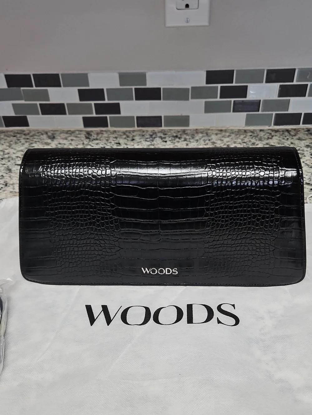 WOODS BY JORDYN MINI TUX CLUTCH, BLACK CROC EMBOSSED